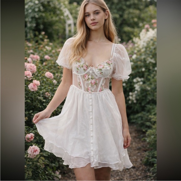 for love & lemons Trellis Rose Dress White Large - Picture 4 of 16